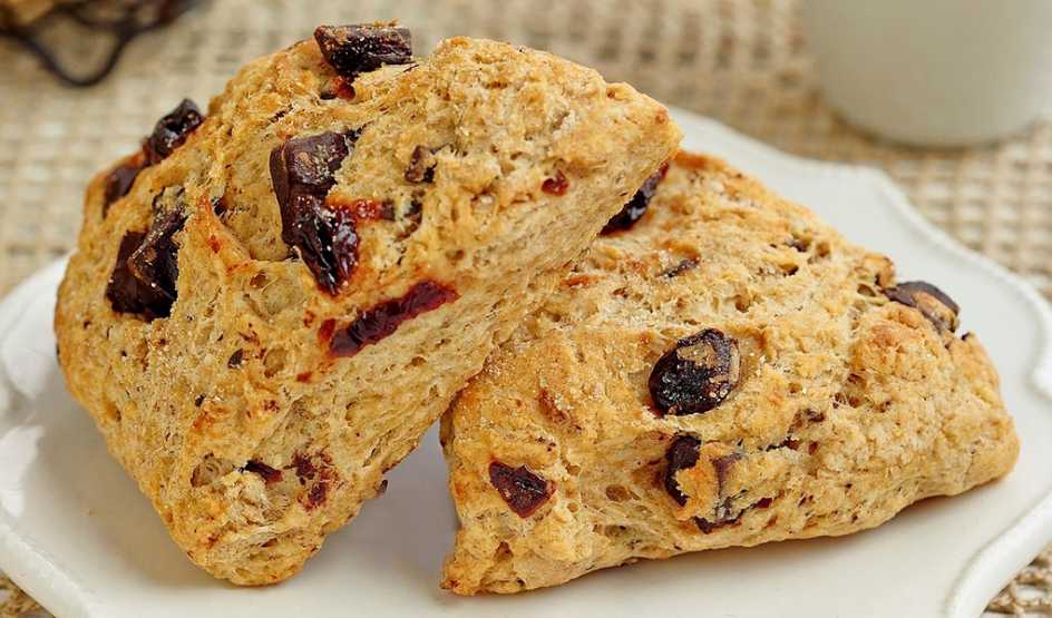 Chocolate-cherry scones A close-up view of chocolate-cherry scones on a plate