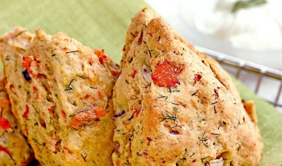 A close-up view of smoked salmon and dill scones A close-up view of smoked salmon and dill scones