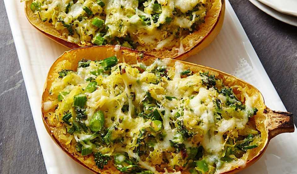 A close-up view of spaghetti squash lasagna with broccolini