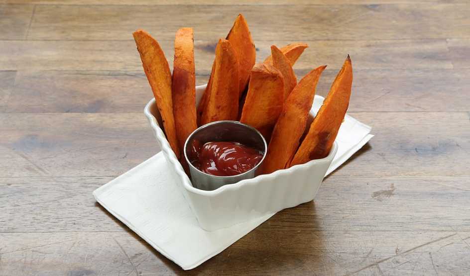 A close-up view of oven sweet potato fries