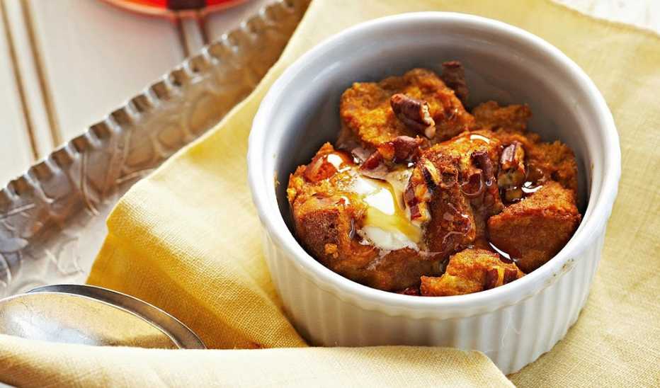 A close-up view of pumpkin breakfast bread pudding in a bowl