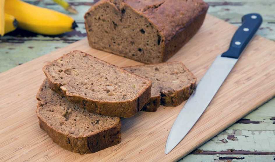 A close-up view of banana bread on a cutting board