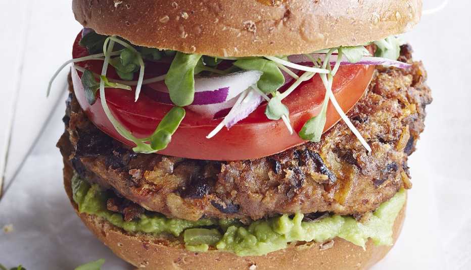 Salsa-black bean burger A close-up view of a salsa-black bean burger