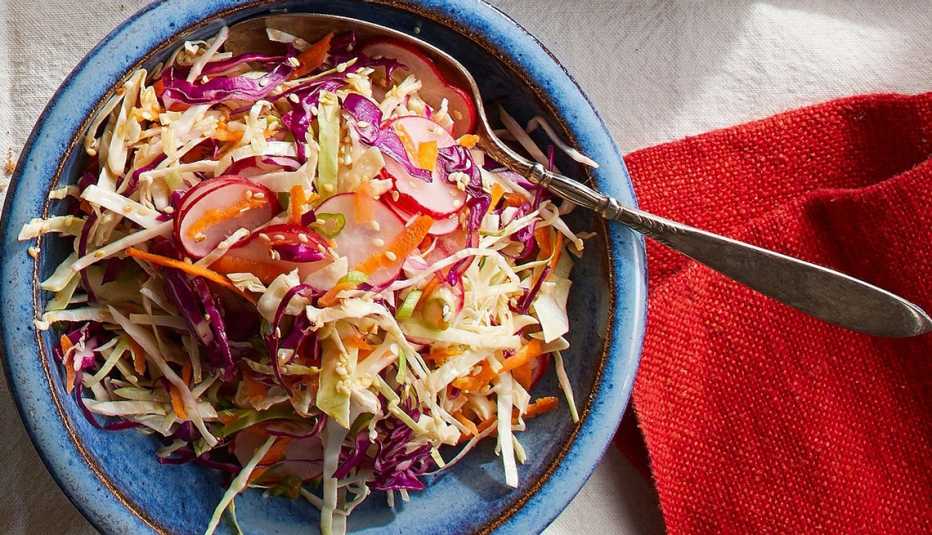 Spicy cabbage slaw A close-up view of spicy cabbage slaw in a bowl