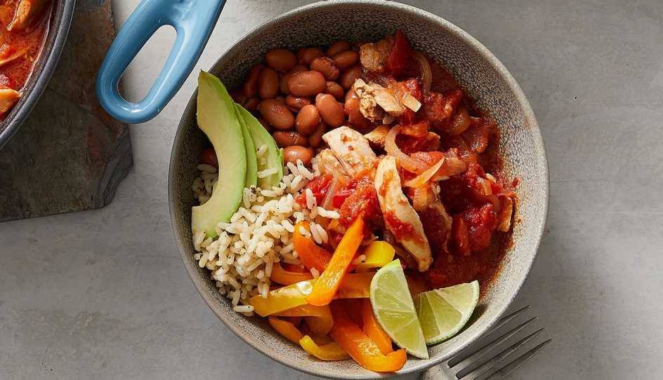 A close-up view of an easy chicken tinga rice bowl