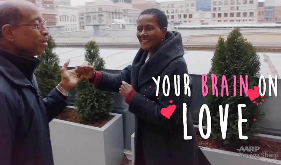 A man and woman dancing together with "Your Brain on Love" text