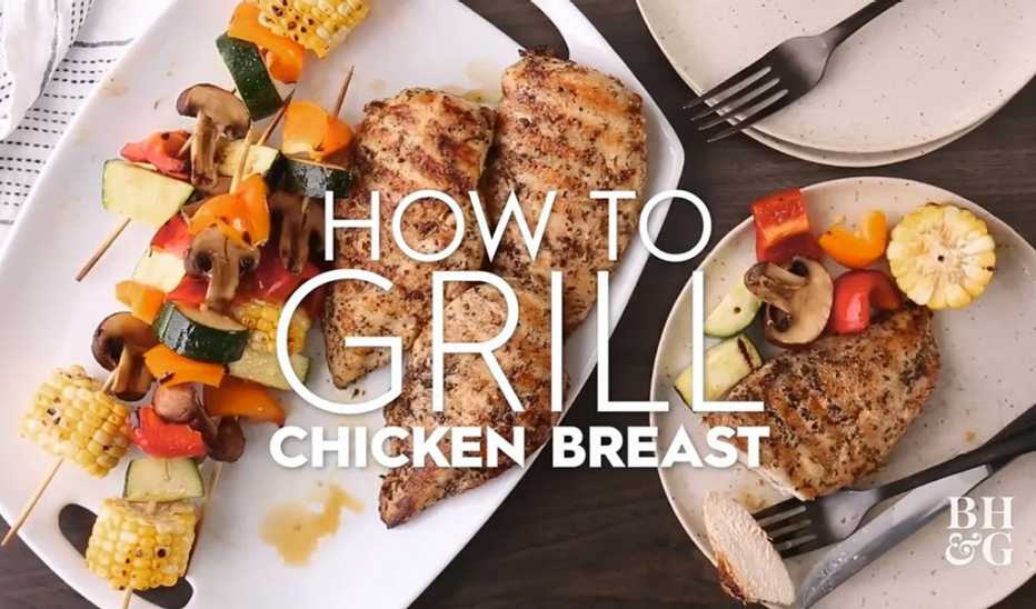 A close-up view of grilled chicken on plates with the text "How to Grill Chicken Breast"