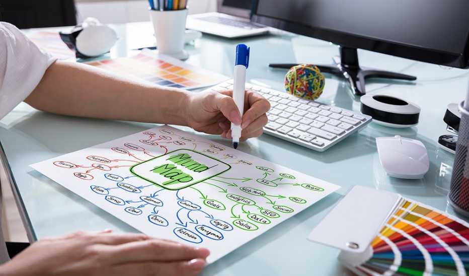 A person sitting at a desk drawing a "Mind Map"
