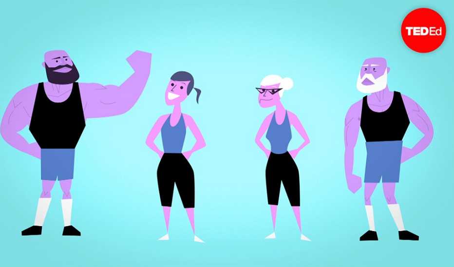 An illustration of two men and two women showing off their muscles