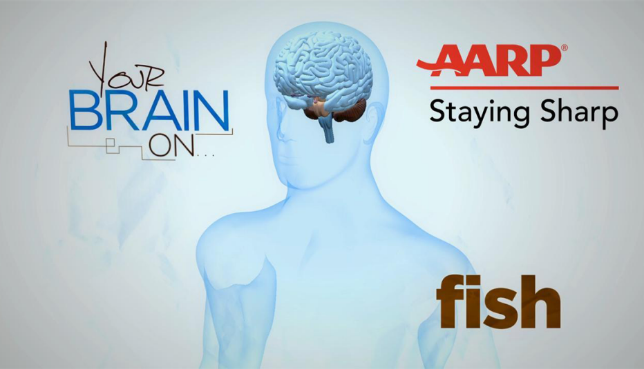 An illustration of a man showing the brain in his head with "Your Brain On Fish" text