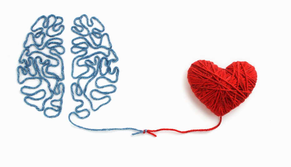 A brain and heart made of yarn connected to each other
