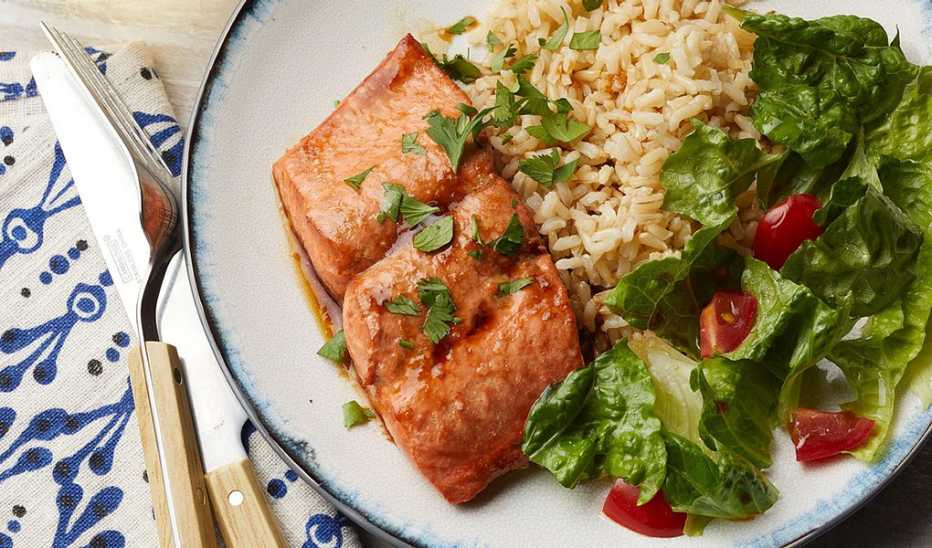 A close-up view of honey-garlic salmon on a plate