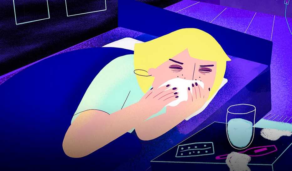An illustration of a woman sneezing while lying in bed