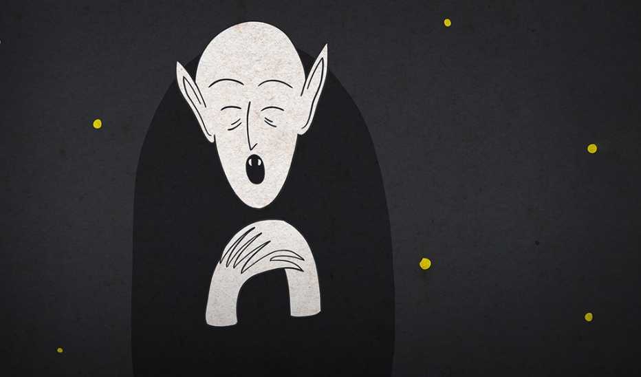 An illustration of a goblin-looking man outside in the dark