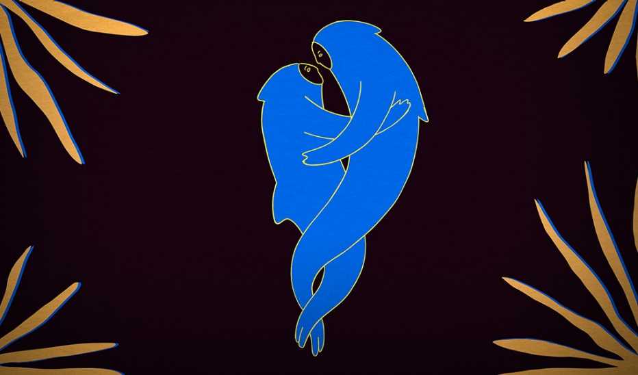 An illustration of two beings hugging