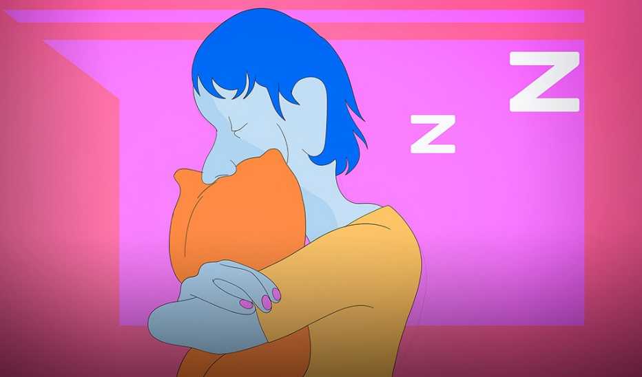 An illustration of a man sleeping with a pillow in his arms