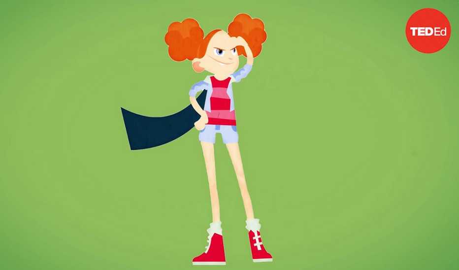 An illustration of a girl wearing a cape on a green background