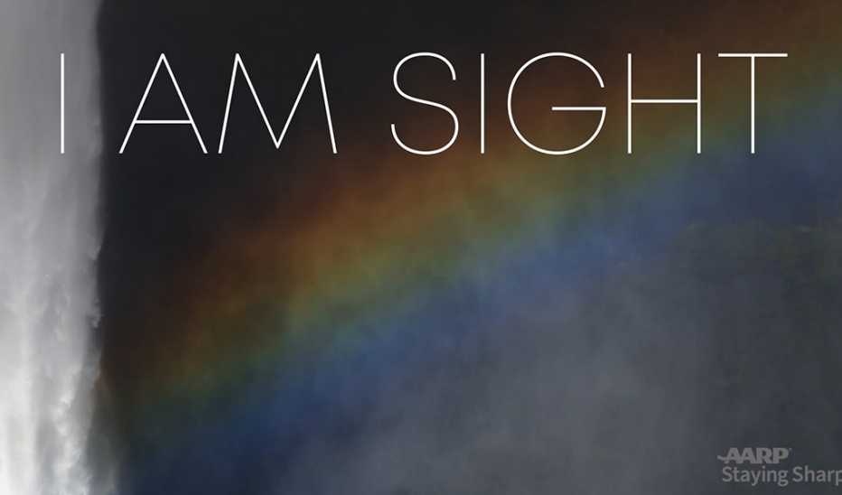 A waterfall and a rainbow with "I Am Sight" text